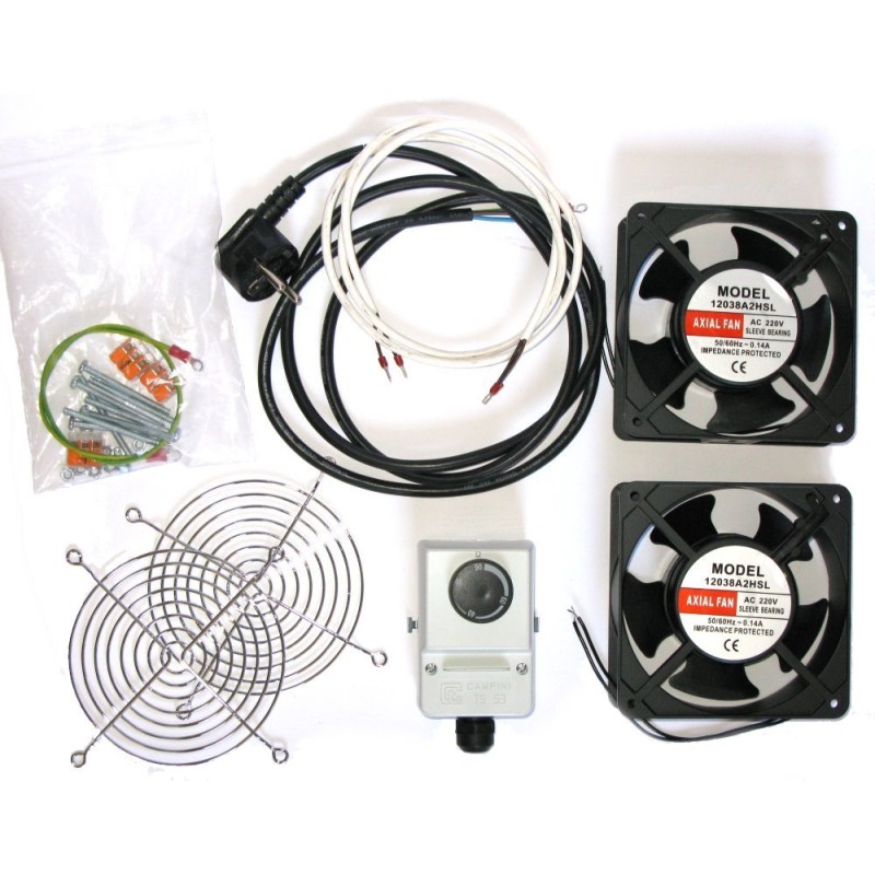 19" ventilace pro nástěnné rozvaděče XtendLan, termostat, 2 ventilátory 120mm, napájecí kabel, spojovací materiál