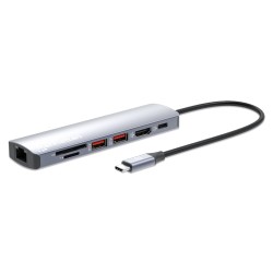 MANHATTAN Dokovací stanice USB-C 7v1, 1xHDMI, 1xUSB-C, 2xUSB, 1xRJ45, čtečka SD karet, šedá