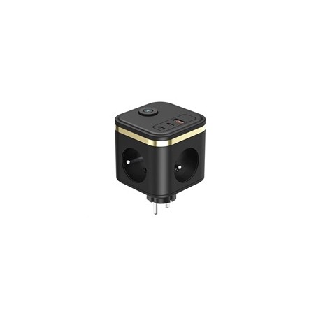 Viking síťový adaptér Y33, 3x 230 V, 1x USB-A, 2x USB-C, tlačítko ON/OFF, černá