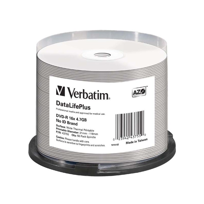 VERBATIM DVD-R(50-Pack)/Spindle/16X/4.7GB/DataLife Plus Wide Thermal Professional No ID Brand
