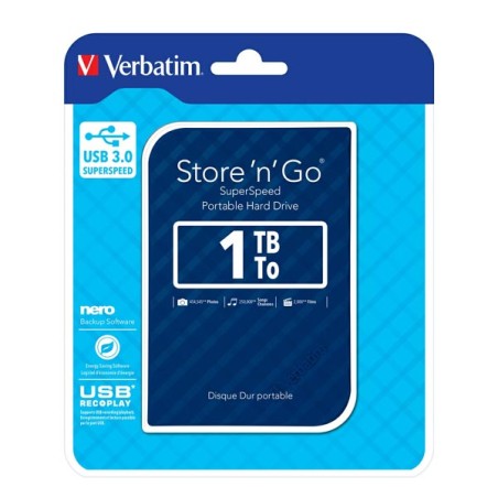 VERBATIM Externí HDD 1TB Store 'n' Go Portable Hard Drive USB 3.0, Blue GEN II