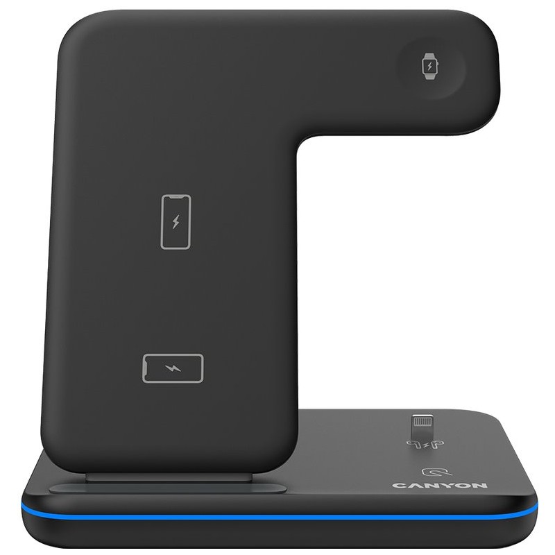 CANYON Bezdrátová nabíječka WS-302B, 3v1, vstup 9V/2A, 12V/2A, výstup 15W/10W/7.5W/5W, Type C to USB-A, černá