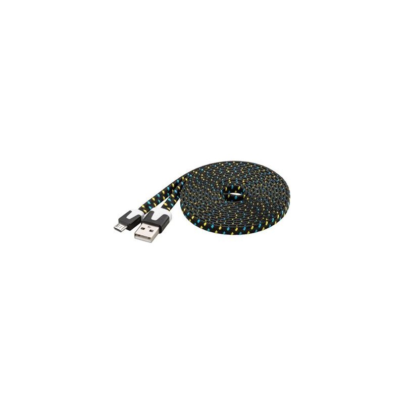 PremiumCord Kabel micro USB 2.0, A-B 2m, plochý textilní kabel, černo-modro-žlutý