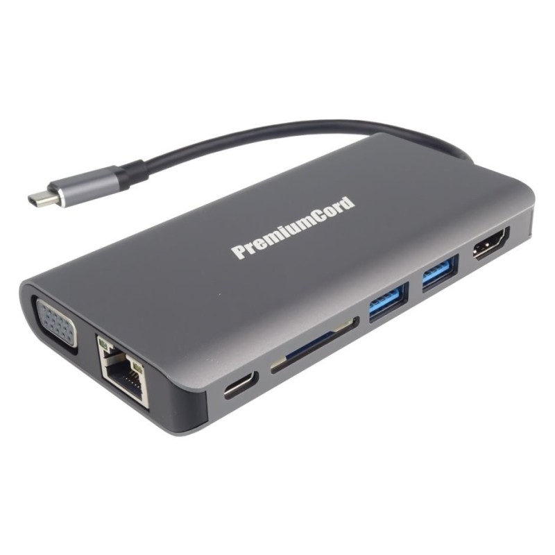 PremiumCord Převodník USB-C na HDMI+VGA+RJ45+2xUSB3.0+SD card +3,5mm+PD charge