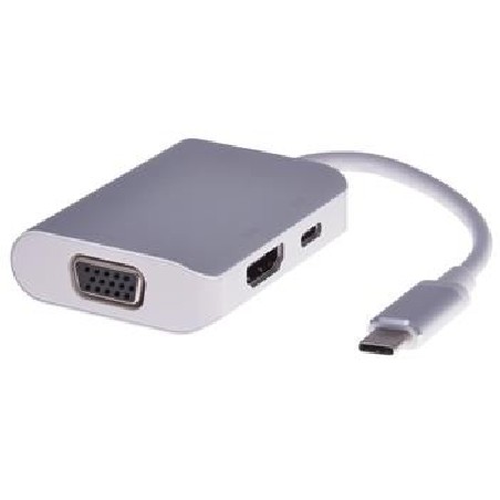 PremiumCord Převodník USB-C na HDMI + VGA + PD charge, Aluminium pouzdro