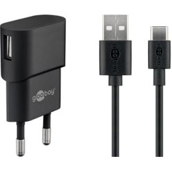 PremiumCord Napájecí a nabíjecí adaptér 230V na USB 5V/1A + USB-C kabel 1m, černý