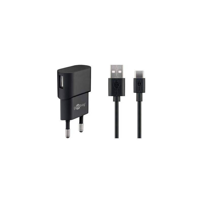 PremiumCord Napájecí a nabíjecí adaptér 230V na USB 5V/1A + USB-C kabel 1m, černý