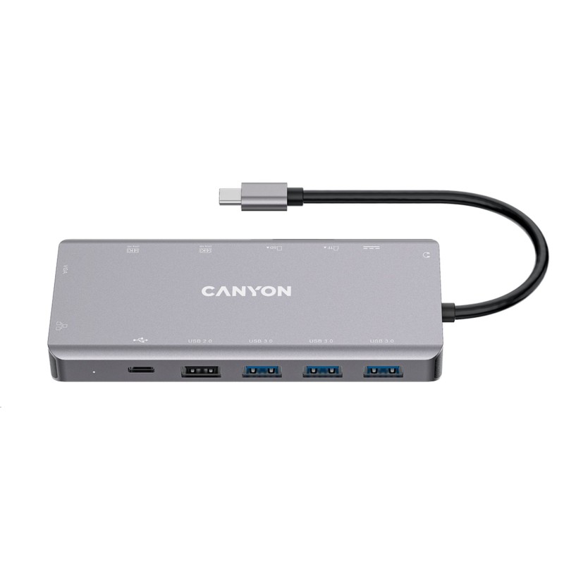 CANYON replikátor portů DS-12 13v1, 1xUSB-C PD 100W, 2xHDMI (4K), VGA, 4xUSB-A, RJ45 Gb, 3.5mm jack, SD/micro čtečka