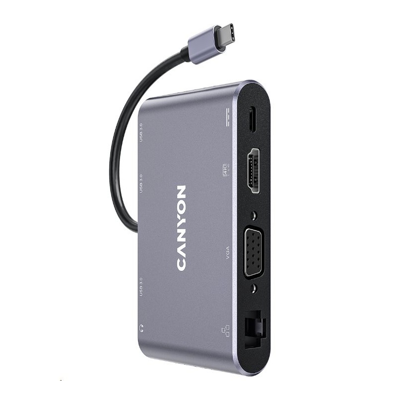 CANYON replikátor portů DS-14 8v1, 1xUSB-C PD 100W, 1xHDMI (4K), VGA, 3xUSB-A 3.0, RJ45 Gb, 3.5mm jack