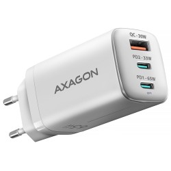 AXAGON ACU-DPQ65W, GaN nabíječka do sítě 65W, 3x port (USB-A + dual USB-C), PD3.0/QC4+/PPS/Apple, bílá