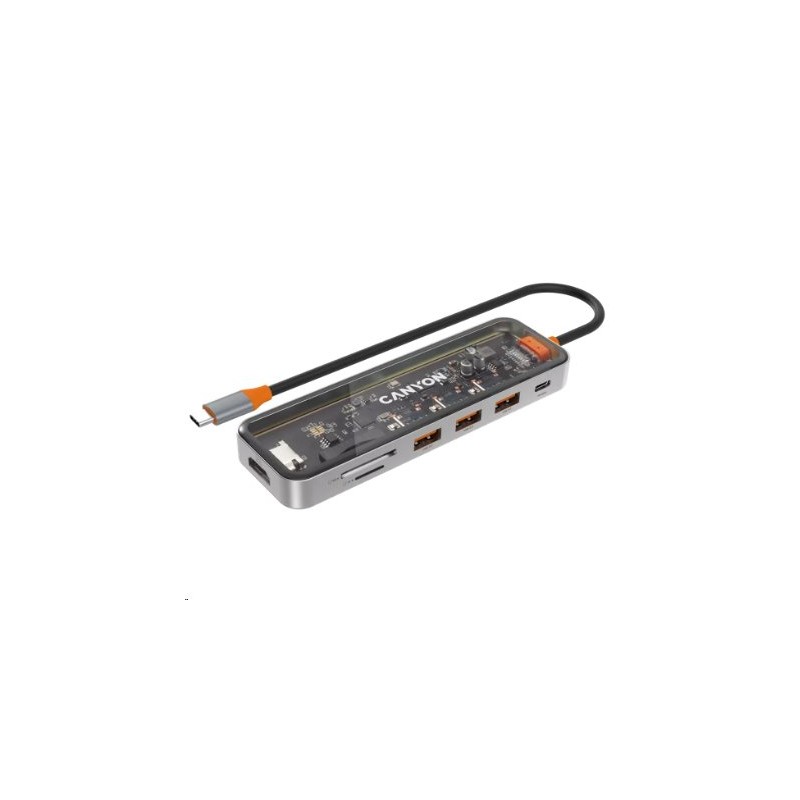 CANYON replikátor portů DS-13 7v1, 1xUSB-C PD 100W, 1xHDMI (4K), 3x USB 3.0, SD/micro čtečka, průhledný