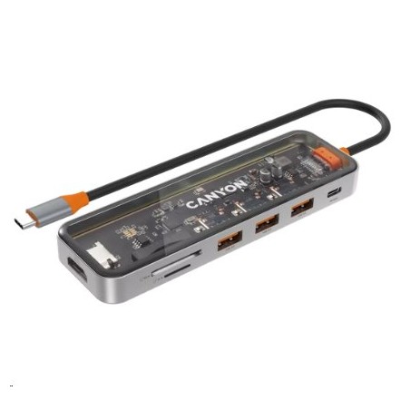 CANYON replikátor portů DS-13 7v1, 1xUSB-C PD 100W, 1xHDMI (4K), 3x USB 3.0, SD/micro čtečka, průhledný