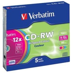 Verbatim CD-RW, 43167, SERL High-Speed Colour, 5-pack, 700MB, 12x, 80min., 12cm, bez možnosti potisku, slim box, pro archivaci