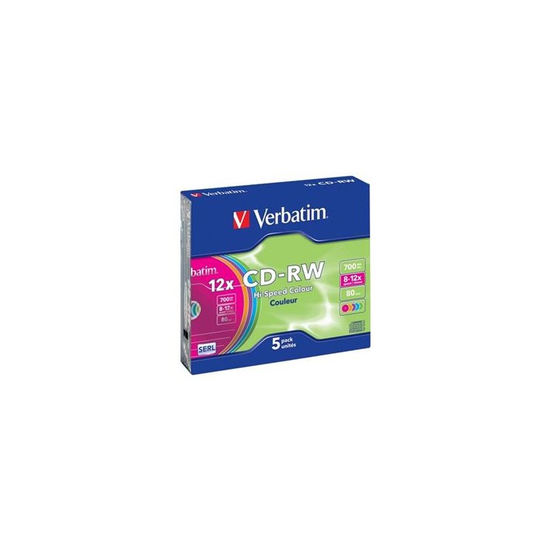 Verbatim CD-RW, 43167, SERL High-Speed Colour, 5-pack, 700MB, 12x, 80min., 12cm, bez možnosti potisku, slim box, pro archivaci