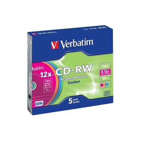 Verbatim CD-RW, 43167, SERL High-Speed Colour, 5-pack, 700MB, 12x, 80min., 12cm, bez možnosti potisku, slim box, pro archivaci