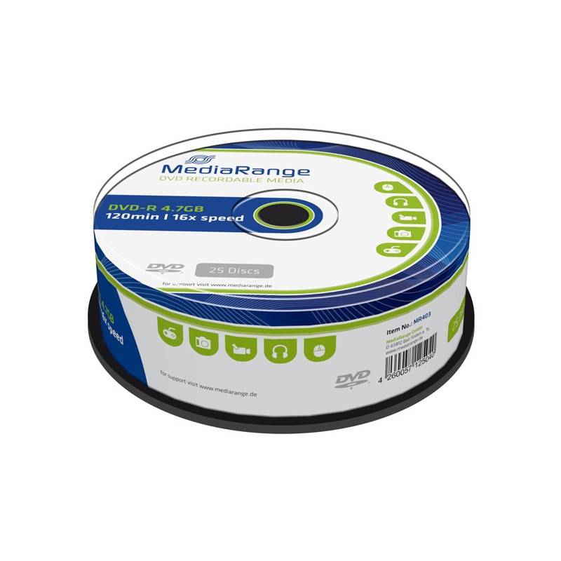 Mediarange DVD-R, MR403, 4.7GB, 16x, cake box, 25-pack, bez možnosti potisku, 12cm, Standard, pro archivaci dat