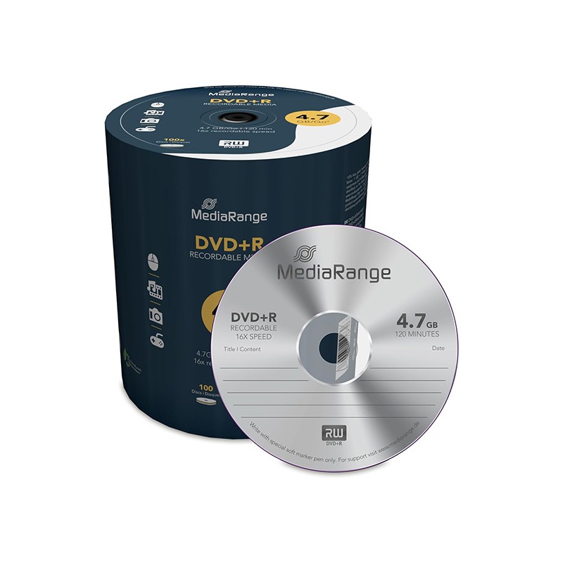 MediaRange DVD+R, mr443, 4.7GB, 16x, spindle, 100-pack, bez možnosti potisku, 12cm, pro archivaci dat