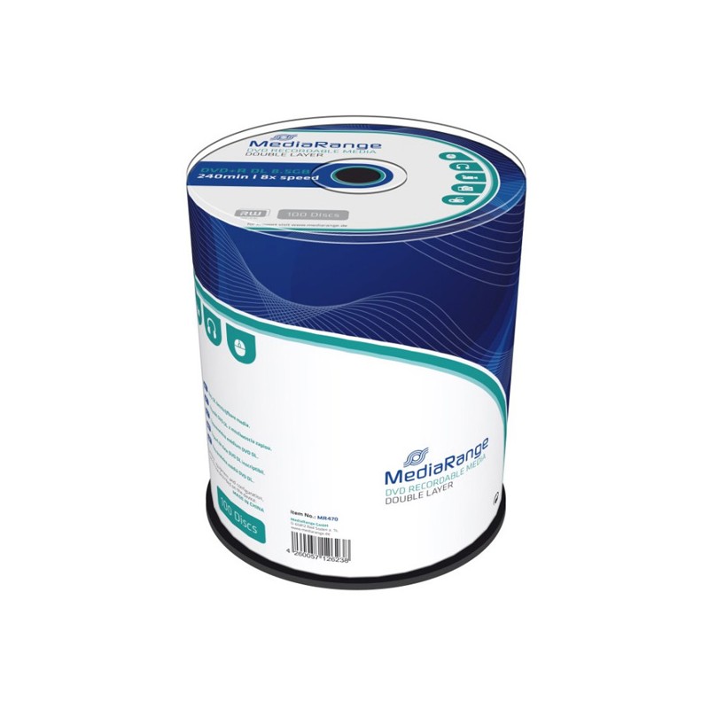 Mediarange DVD+R, MR470, 8.5GB, 8x, cake box, 100-pack, bez možnosti potisku, 12cm, Double Layer, pro archivaci dat