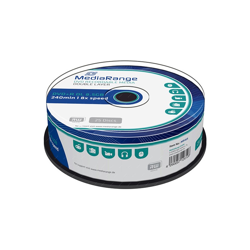 Mediarange DVD+R, MR469, 8.5GB, 8x, cake box, 25-pack, bez možnosti potisku, 12cm, Double Layer, pro archivaci dat
