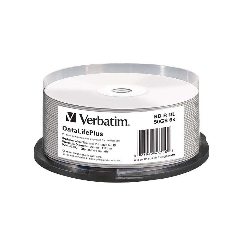 Verbatim BD-R, DL+ Wide Thermal Printable No Id Surface Hard Coat, 50GB, spindle, 43750, 6x, 25-pack, pro archivaci dat