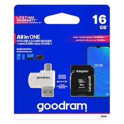GOODRAM microSDHC karta 16GB M1A4 All-in-one (R:100/W:10 MB/s), UHS-I Class 10, U1 + Adapter + OTG card reader/čtečka