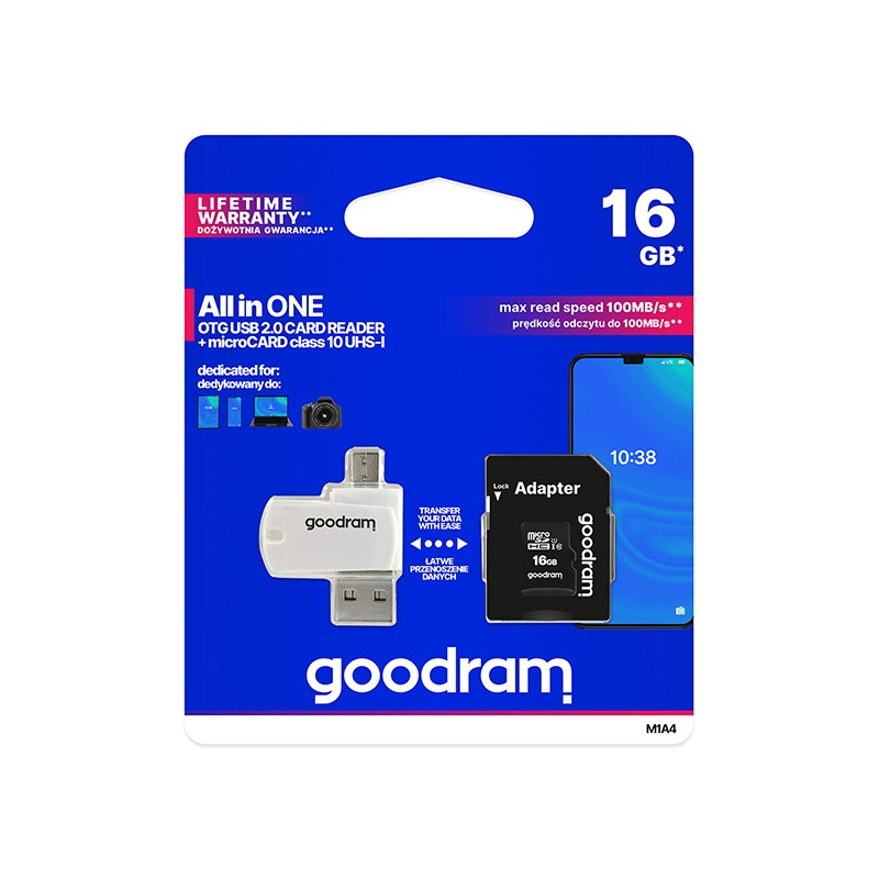 GOODRAM microSDHC karta 16GB M1A4 All-in-one (R:100/W:10 MB/s), UHS-I Class 10, U1 + Adapter + OTG card reader/čtečka