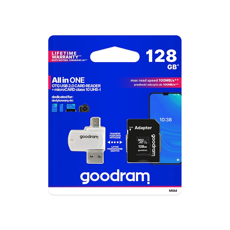 Goodram paměťová karta Micro Secure Digital Card All-In-ON, 128GB, multipack, M1A4-1280R12, UHS-I U1 (Class 10), multipack se