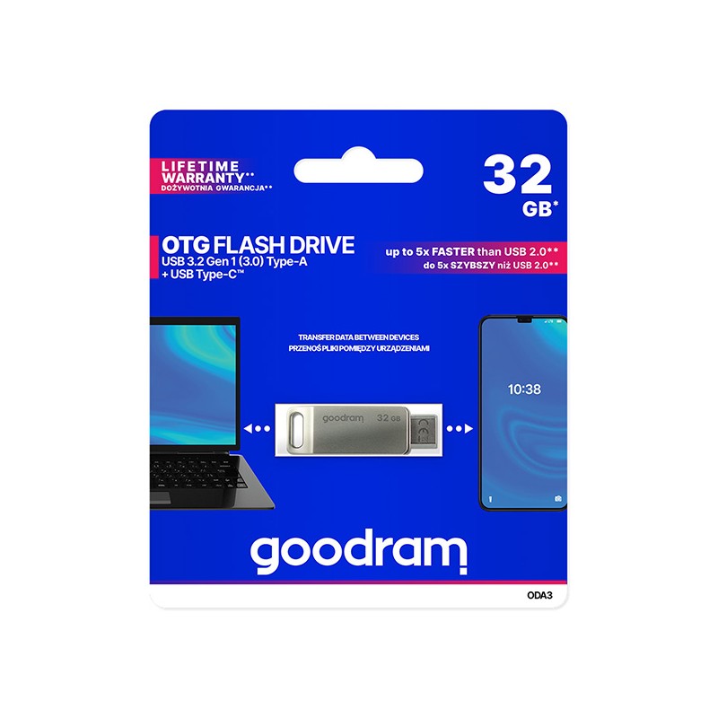 Goodram USB flash disk, USB 3.0, 32GB, ODA3, stříbrný, ODA3-0320S0R11, USB A / USB C, s otočnou krytkou