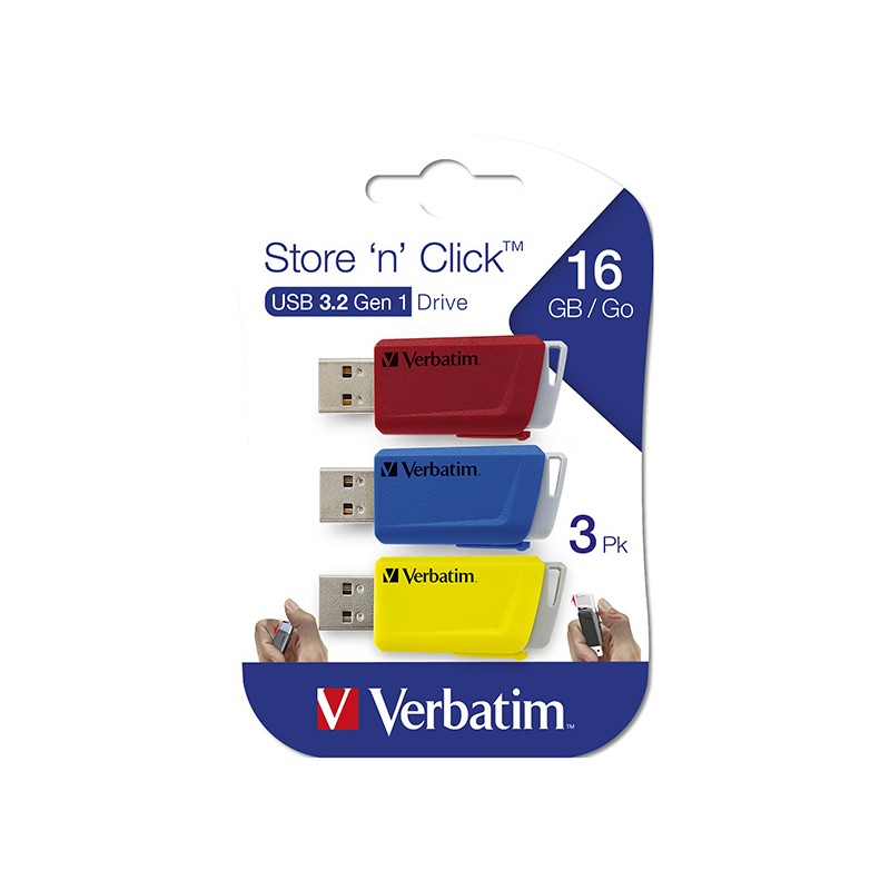 Verbatim USB flash disk, USB 3.0, 16GB, Store N Click, mix barev, 49306, USB A, s výsuvným konektorem, 3ks