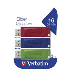 Verbatim USB flash disk, USB 2.0, 16GB, Slider, zelený, modrý, červený, 49326, USB A, s výsuvným konektorem, 3 ks