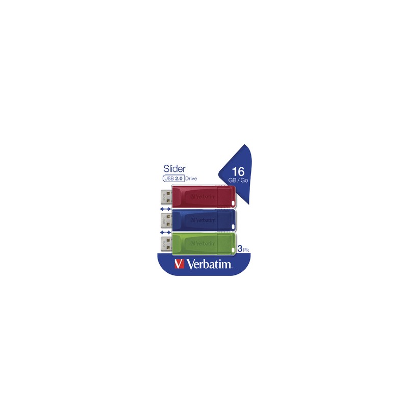 Verbatim USB flash disk, USB 2.0, 16GB, Slider, zelený, modrý, červený, 49326, USB A, s výsuvným konektorem, 3 ks