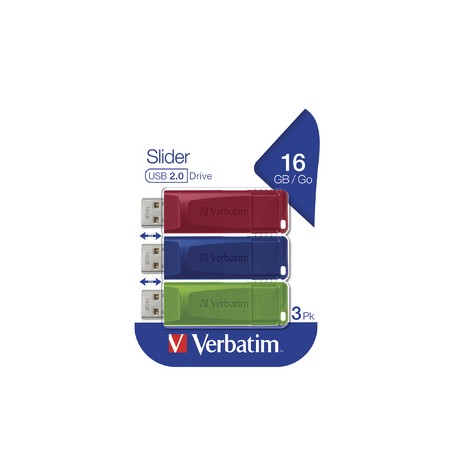 Verbatim USB flash disk, USB 2.0, 16GB, Slider, zelený, modrý, červený, 49326, USB A, s výsuvným konektorem, 3 ks