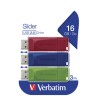 Verbatim USB flash disk, USB 2.0, 16GB, Slider, zelený, modrý, červený, 49326, USB A, s výsuvným konektorem, 3 ks