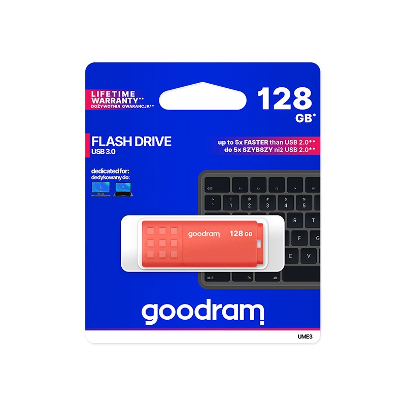 Goodram USB flash disk, USB 3.0, 128GB, UME3, oranžový, UME3-1280O0R11, USB A, s krytkou