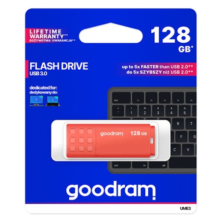 Goodram USB flash disk, USB 3.0, 128GB, UME3, oranžový, UME3-1280O0R11, USB A, s krytkou
