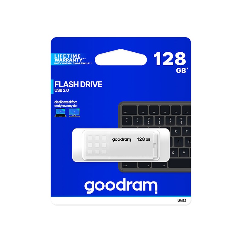 Goodram USB flash disk, USB 2.0, 128GB, UME2, bílý, UME2-1280W0R11, USB A, s krytkou