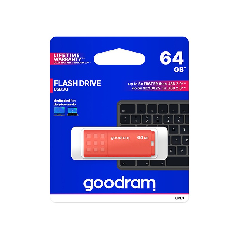 Goodram USB flash disk, USB 3.0, 64GB, UME3, oranžový, UME3-0640O0R11, USB A, s krytkou