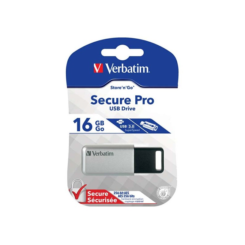 Verbatim USB flash disk, USB 3.0, 16GB, Secure Pro, Store N Go, stříbrný, 98664, USB A, AES 256-bit šifrování, s výsuvným