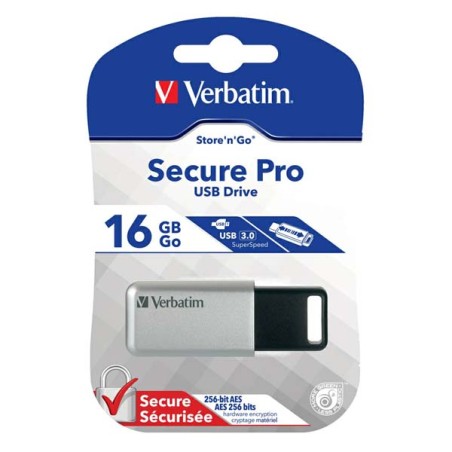 Verbatim USB flash disk, USB 3.0, 16GB, Secure Pro, Store N Go, stříbrný, 98664, USB A, AES 256-bit šifrování, s výsuvným