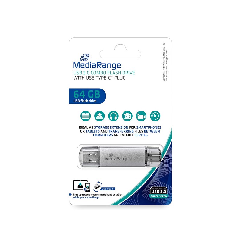 MediaRange USB flash disk, USB 3.0, 64GB, stříbrný, MR937, USB A / USB C, s krytkou