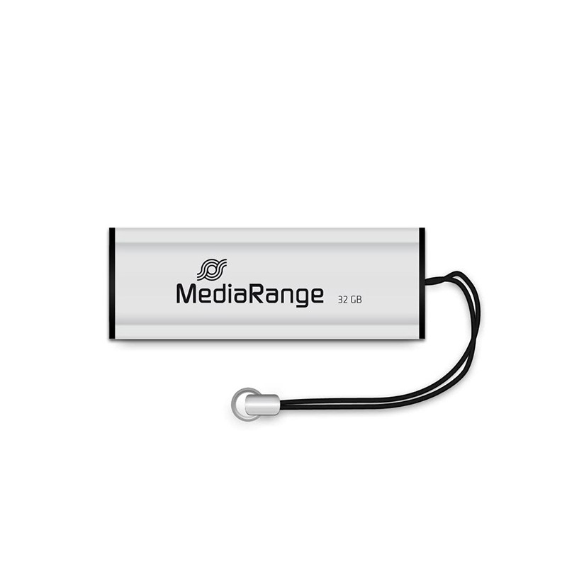 MediaRange USB flash disk, USB USB 3.0 (3.2 Gen 1), 32GB, stříbrný, MR916, USB A, s poutkem, vysouvací