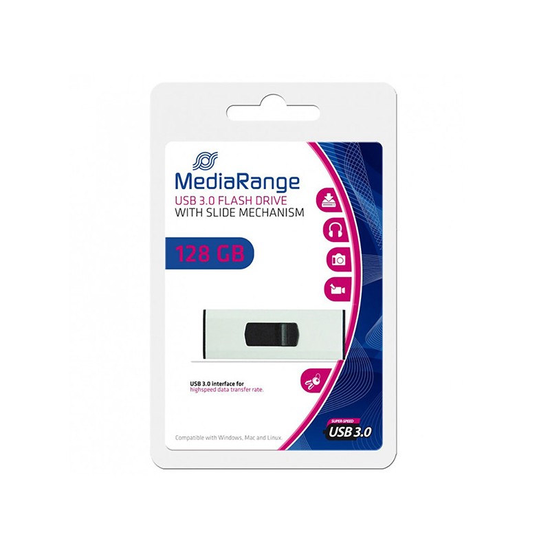 MediaRange USB flash disk, USB 3.0, 128GB, stříbrný, MR918, USB A, s poutkem, vysouvací