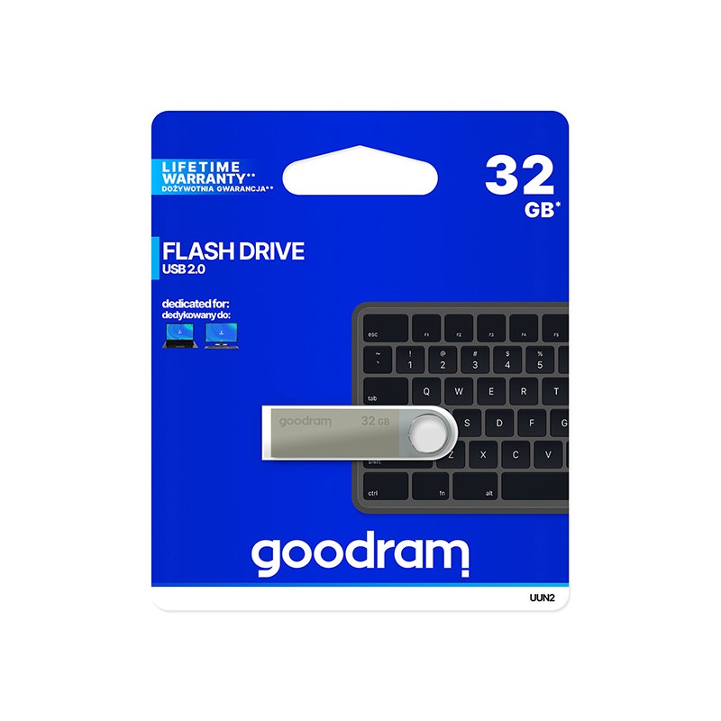 Goodram USB flash disk, USB 2.0, 32GB, UUN2, stříbrný, UUN2-0320S0R11, USB A, s poutkem