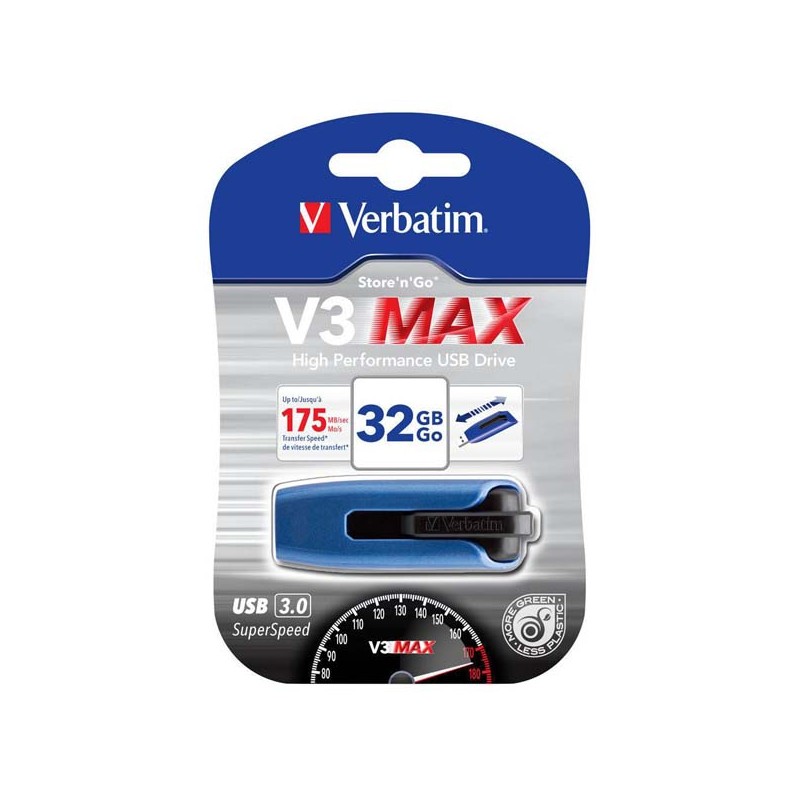 Verbatim USB flash disk, USB 3.0, 32GB, V3 MAX, Store N Go, modrý, 49806, USB A, s výsuvným konektorem