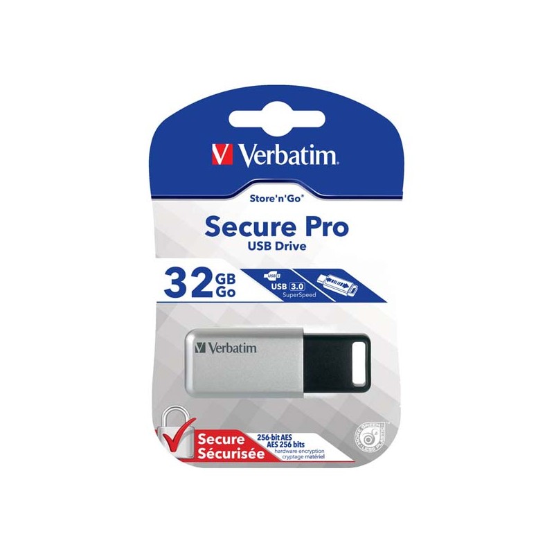 Verbatim USB flash disk, USB 3.0, 32GB, Secure Pro, Store N Go, stříbrný, 98665, USB A, AES 256-bit šifrování