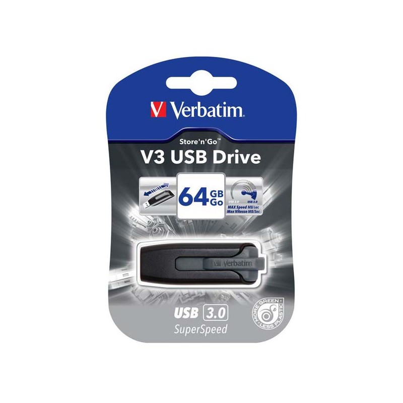 Verbatim USB flash disk, USB 3.0, 64GB, V3, Store N Go, černý, 49174, USB A, s výsuvným konektorem