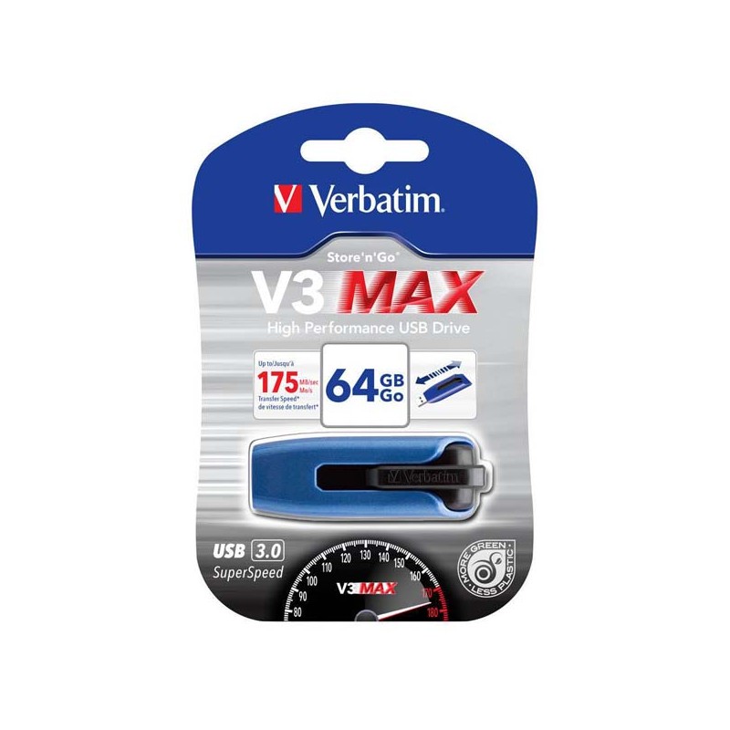 Verbatim USB flash disk, USB 3.0, 64GB, V3 MAX, Store N Go, modrý, 49807, USB A, s výsuvným konektorem