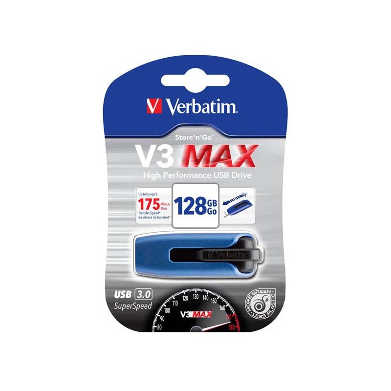 Verbatim USB flash disk, USB 3.0, 128GB, V3 MAX, Store N Go, modrý, 49808, USB A, s výsuvným konektorem