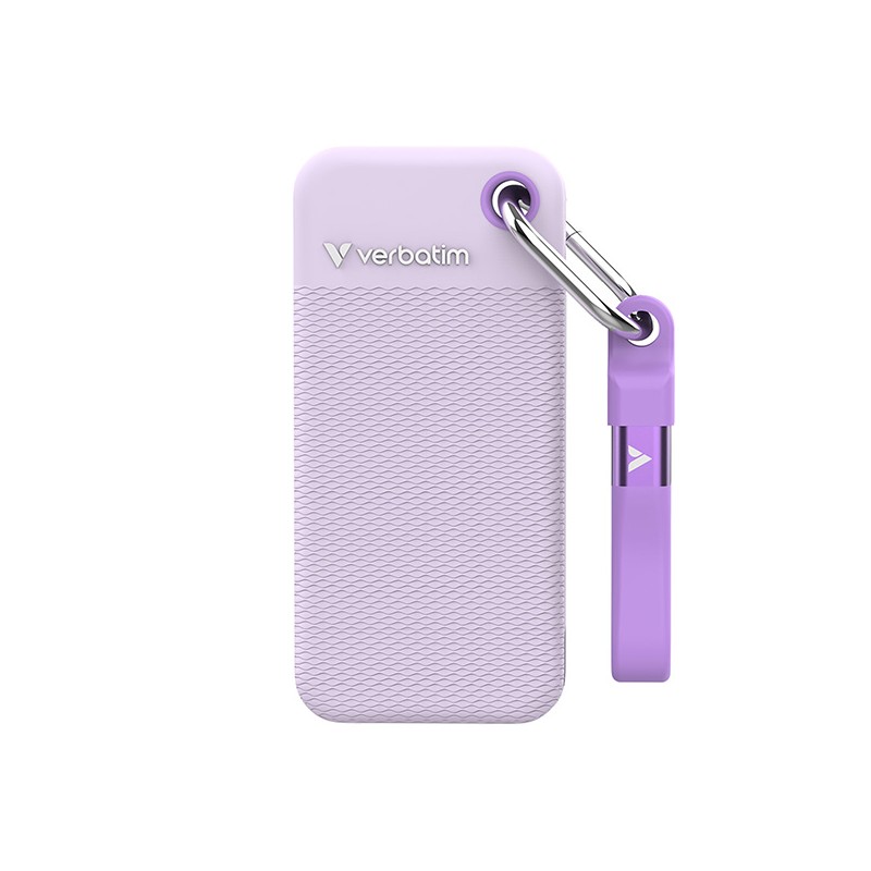 SSD Externí Verbatim Pocket SSD colour edition, 32323, 2000GB, fialový, obsahuje 2x gumový kryt (bílý a fialový), USB C, 2TB