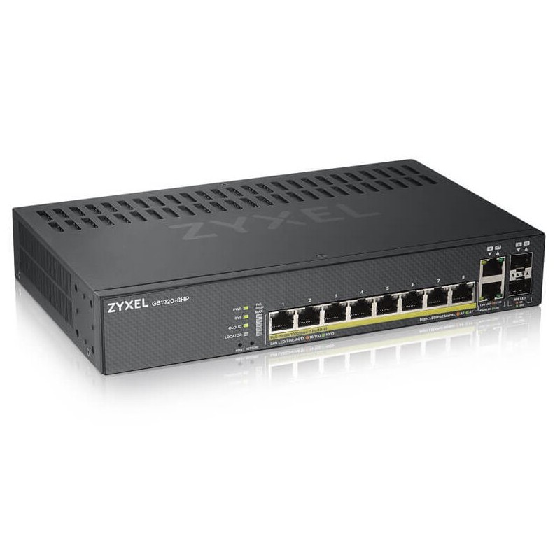 Zyxel GS1920-8HPV2 10-port Smart Managed PoE Switch Switch, 8x gigabit RJ45, 2x gigabit RJ45/SFP, 130W pro PoE
